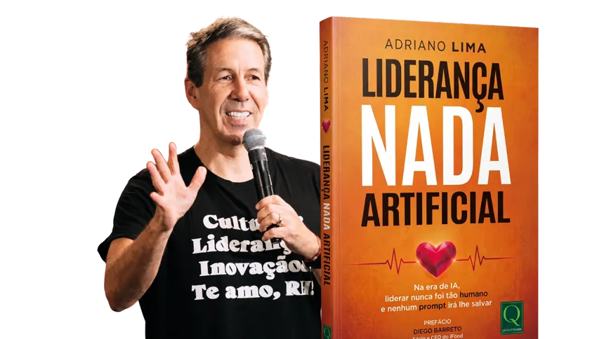 Adriano Lima ao lado do livro Liderança Nada Artificial